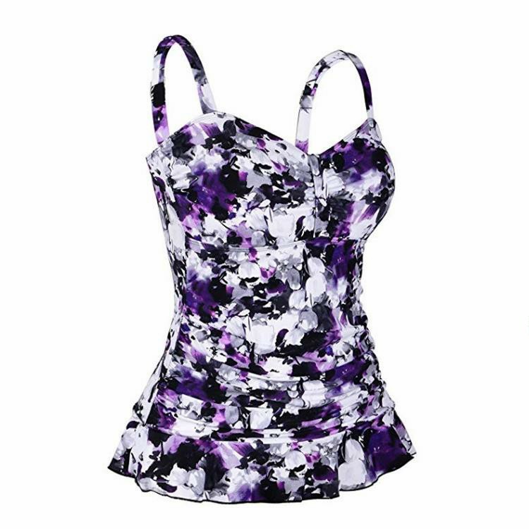 2019歐美新款泳衣女士印花保守泳衣熱銷爆款加肥加大吊帶疊褶裙擺