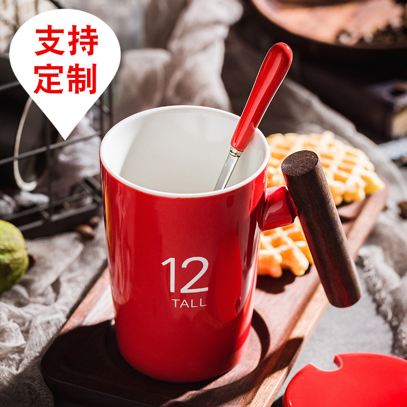Taza de madera tallada personalizada taza de cerámica taza de café con tapa cuchara taza de leche logotipo impreso regalos