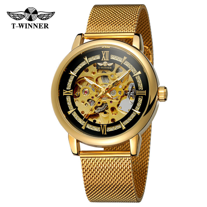 Ganador reloj mecánico automático de los hombres moda hueco transparente Fondo volante Acero inoxidable malla cinturón reloj mecánico B099