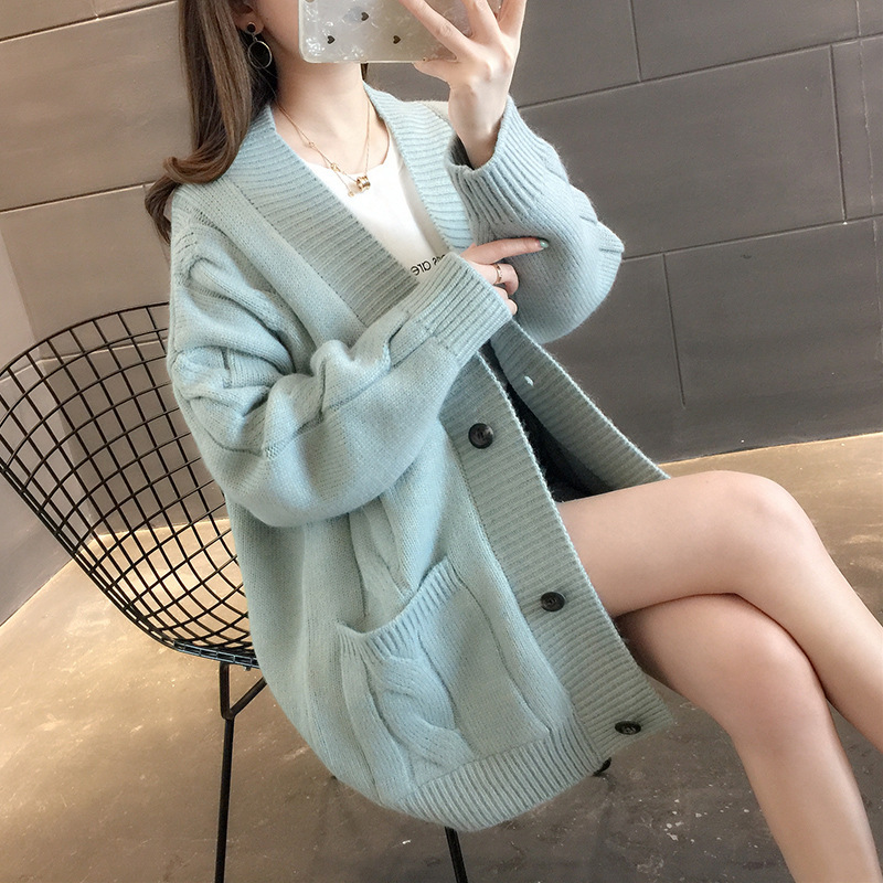 2025 New Autumn Clothing Mid-Length Pure Color Twist Knitted Cardigan Women's Korean Style Loose Student Versatile Sweater Jacket
