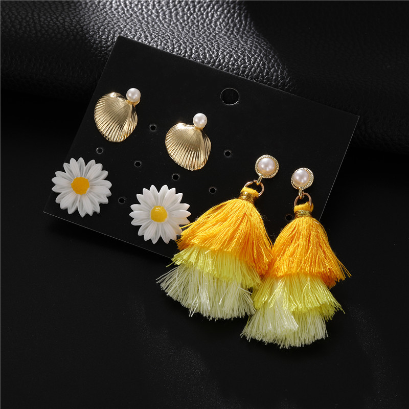 Wholesale Fashion Jewelry New Flower Yellow Tassel 3 Pair Earrings Set display picture 7