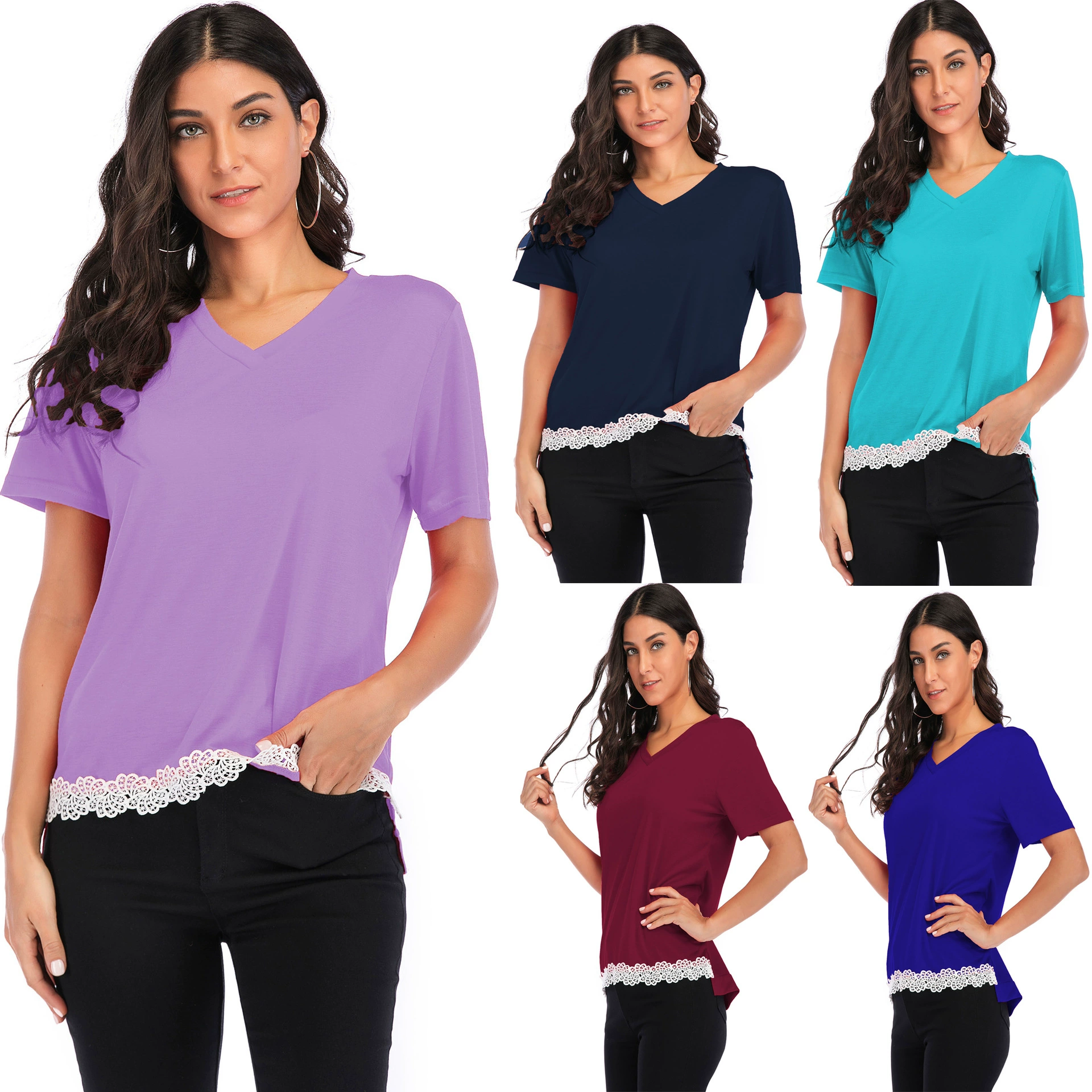 2023 AliExpress EBAY Amazon 10 цветов европейский и американский сексуальный кружевной топ Кружевная футболка с V-образным вырезом летняя с коротким рукавом