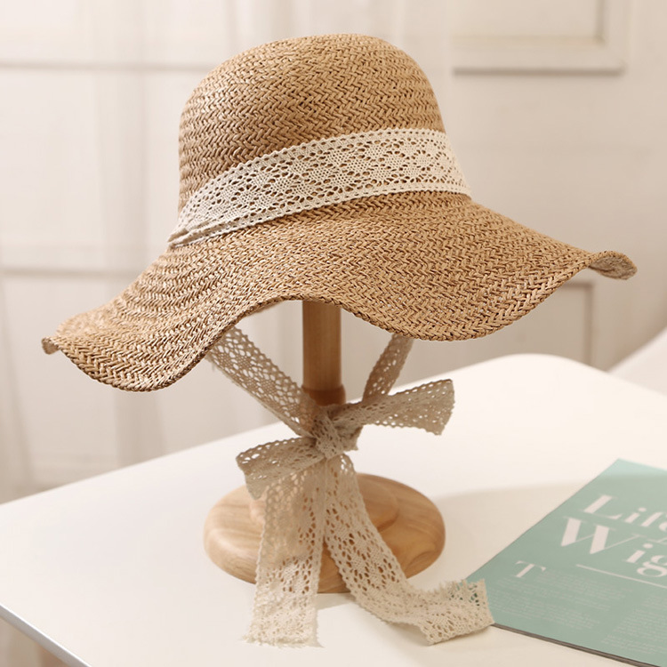 Hat female Korean version of the tide woven straw hat lace small fresh foldable sun hat sun sunscreen travel beach summer