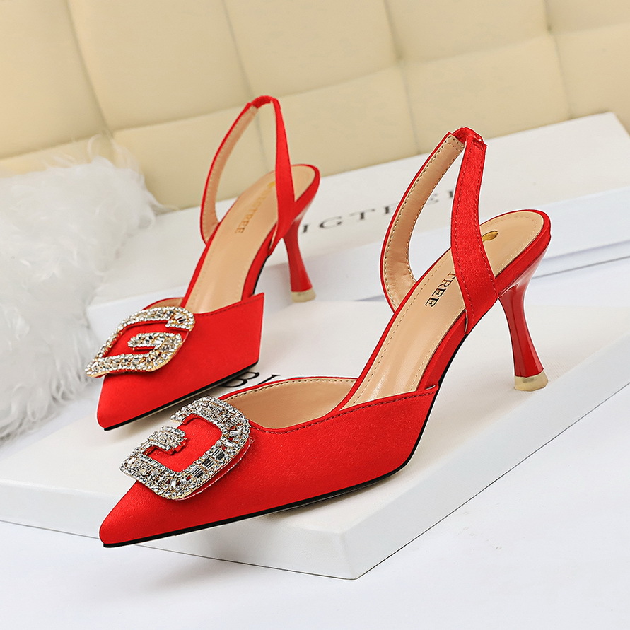 Big Tree Banquet High-heeled Shallow Mouth Pointed Suede Hollow Back Strap Metal Rhinestone Buckle Sandals Women's Shoes