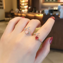 新款甜美可愛紅水晶愛心戒指女韓國百搭超閃花朵果凍貓眼指環