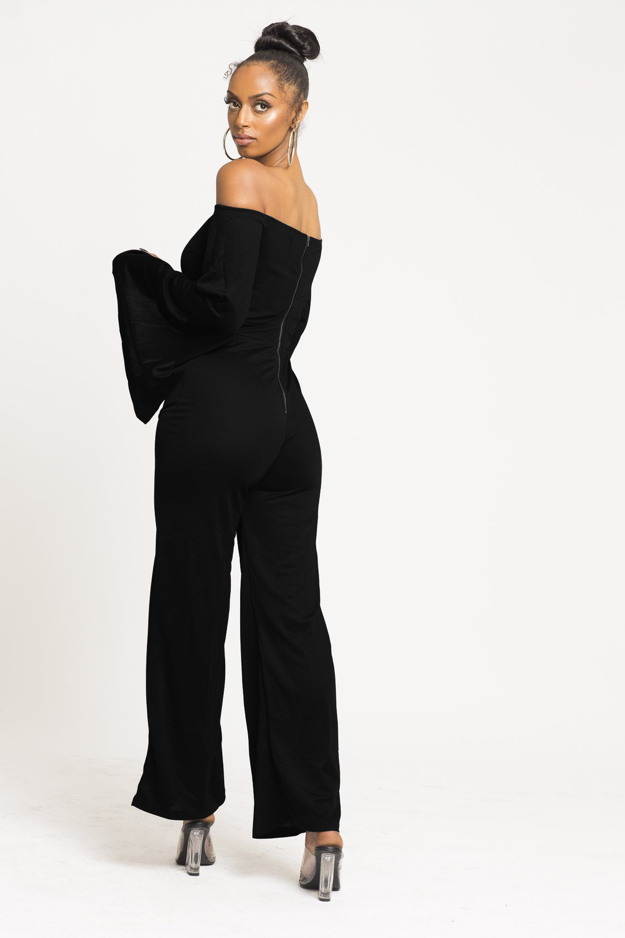 Boutique Casual Solid Color Long Sleeves Cropped off Shoulder Jumpsuit