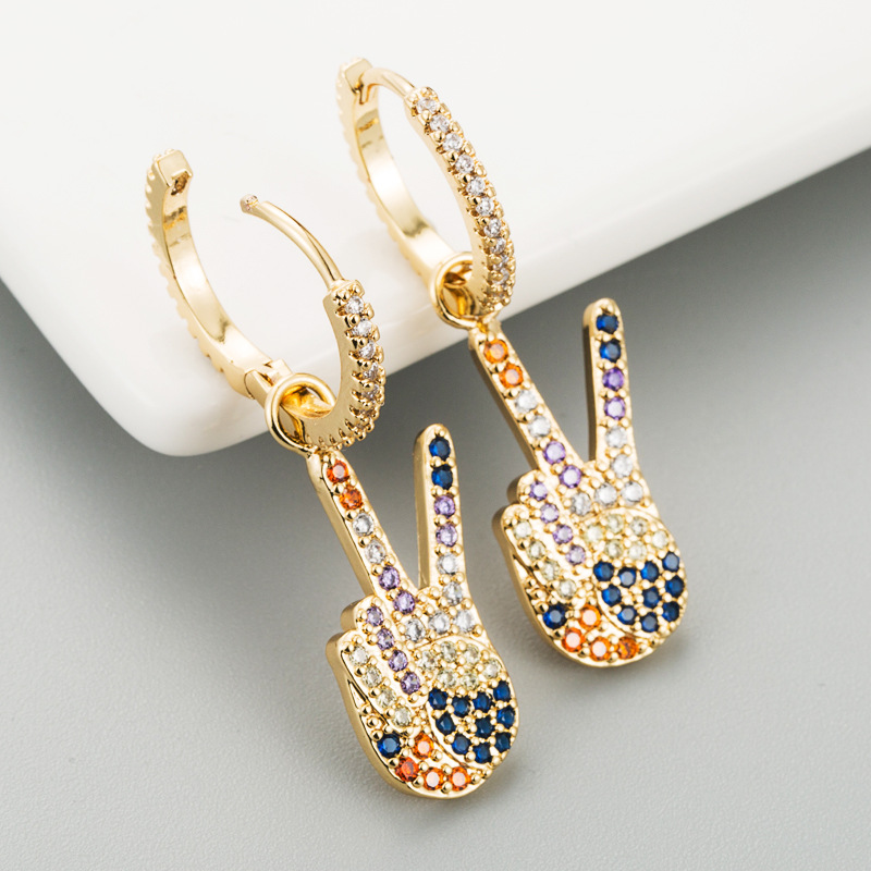 Finger Victory Earrings Female Copper Micro-set Color Zircon Earrings Personalized Fashion Earrings display picture 5