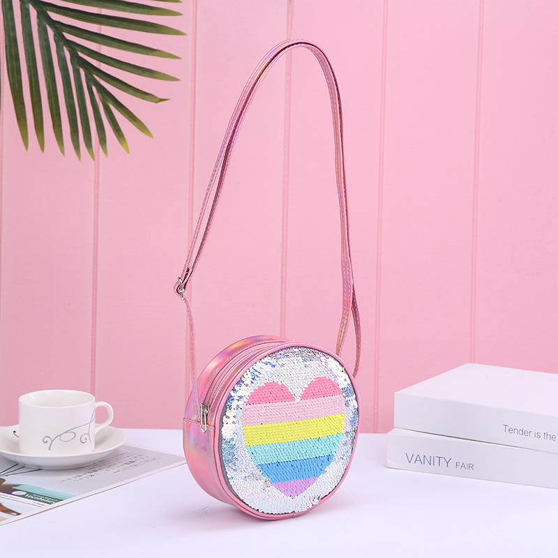 Moda nueva tendencia PU radium un hombro crossbody pieza corazón arco iris sirena unicornio lentejuelas niña detail image 5