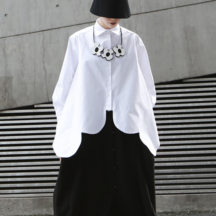 2025 Spring Clothing Small Style Irregular Arc Super Wide Hem White Shirt Women's Loose Shirt Women's 1045