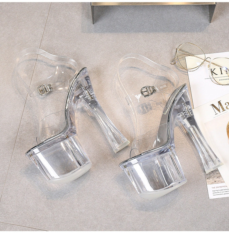 Giày cao gót nữ trong suốt gót vuông 18 cm, đế dày 8 cm, quai ngang hở mũi phong cách thanh lịch — Màu bạc, Trắng, hồng, màu tím chi tiết 17