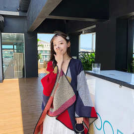 西藏青海湖旅游围巾开叉披肩拼色斗篷保暖加厚空调房披风女批发