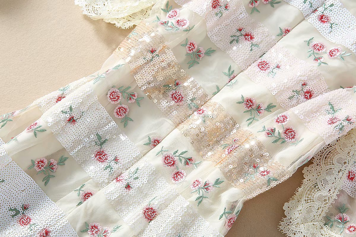 1219-05 珠片绣小花连衣裙码数SMLXL颜色蓝色杏粉色