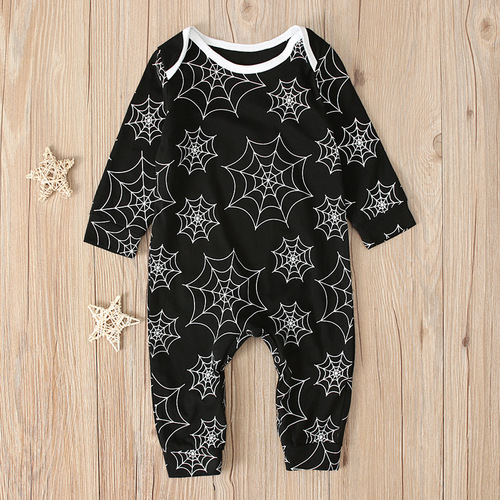 Children's European and American-style Halloween boys' spider-web print long-sleeved onesie romper outfit kids' clothing Instagram style