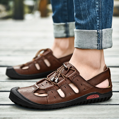跨境外贸2019夏季新款凉鞋男头层牛皮防滑透气大码男士沙滩洞洞鞋
