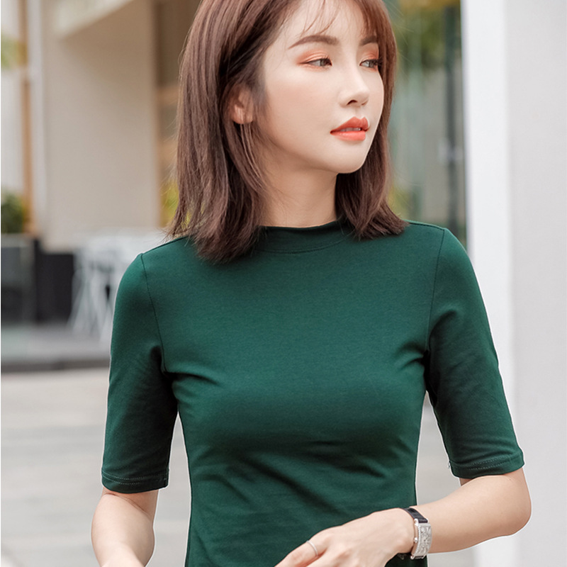 공장 다이렉트 패션 여성용 하의 셔츠 여성용 소형 하이 칼라 슬리브 슬림 여성의면 티셔츠 여성 세대의 머리카락