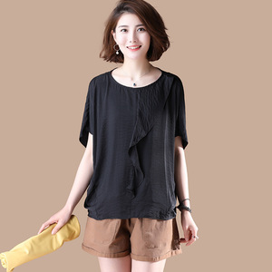 Round-collar Top Women’s Chiffon Black T-shirt Short-sleeve Summer 