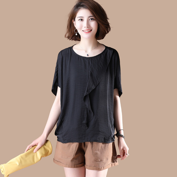 Round-collar Top Women’s Chiffon Black T-shirt Short-sleeve Summer 