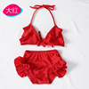 2019款时尚女童比基尼带荷叶边素色小清新儿童泳衣厂家直销|ms