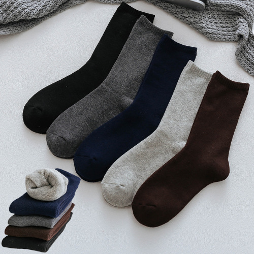 Thickened socks men's winter solid color warm plus velvet floor socks business mid-calf men's socks towel bottom cotton socks wholesale