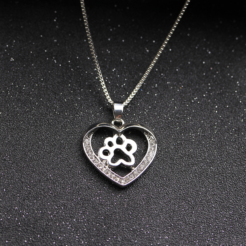 New fashion love peach heart necklace love dog paw hollow diamond pendant necklace wholesale