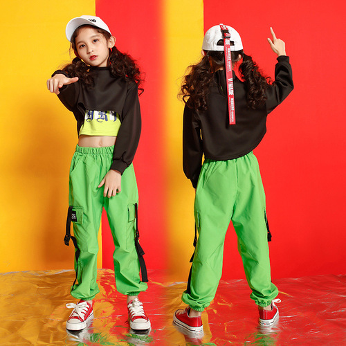 Green Cargo pants hiphop costumes for girls Jazz dance hip-hop clothing children girls hip-hop 3pieces in one set performance costumes girl children