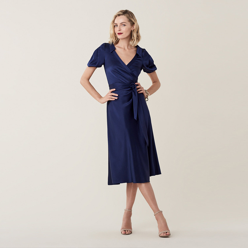 European and American women's wrap skirt 2023 spring and summer new dark blue collar glossy satin puff sleeve mid-length dress