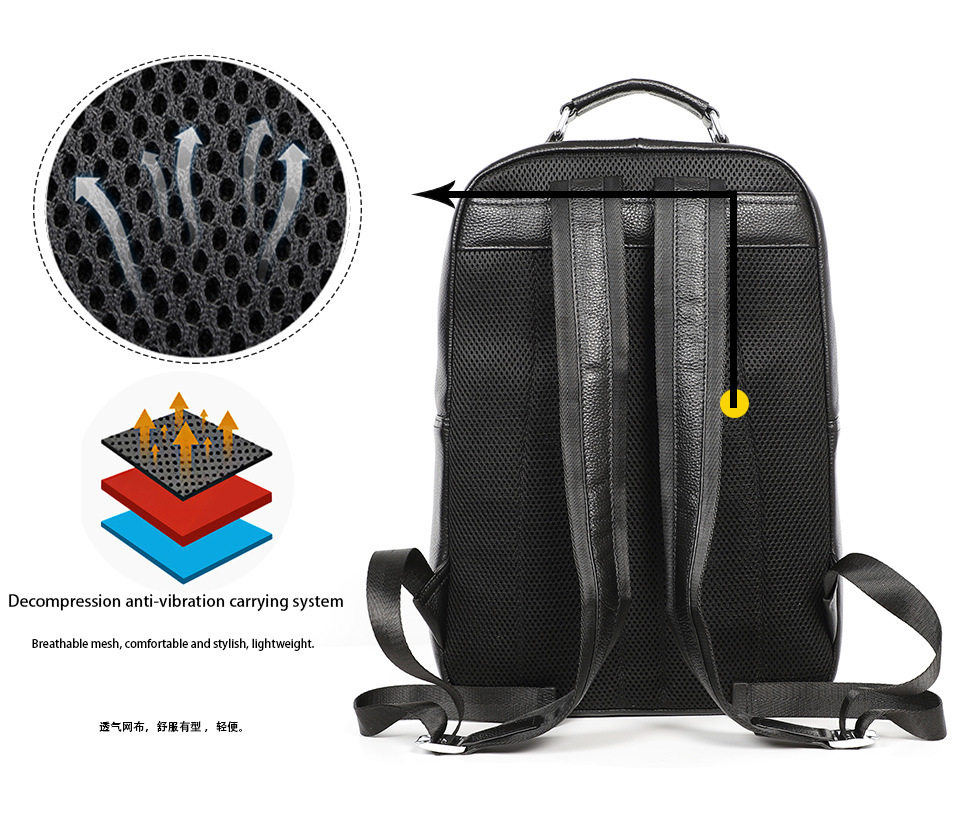 Ba lô nam da bò lớp đầu tiên, ba lô da đựng laptop 14 inch kiểu công sở — Màu đen chi tiết 6