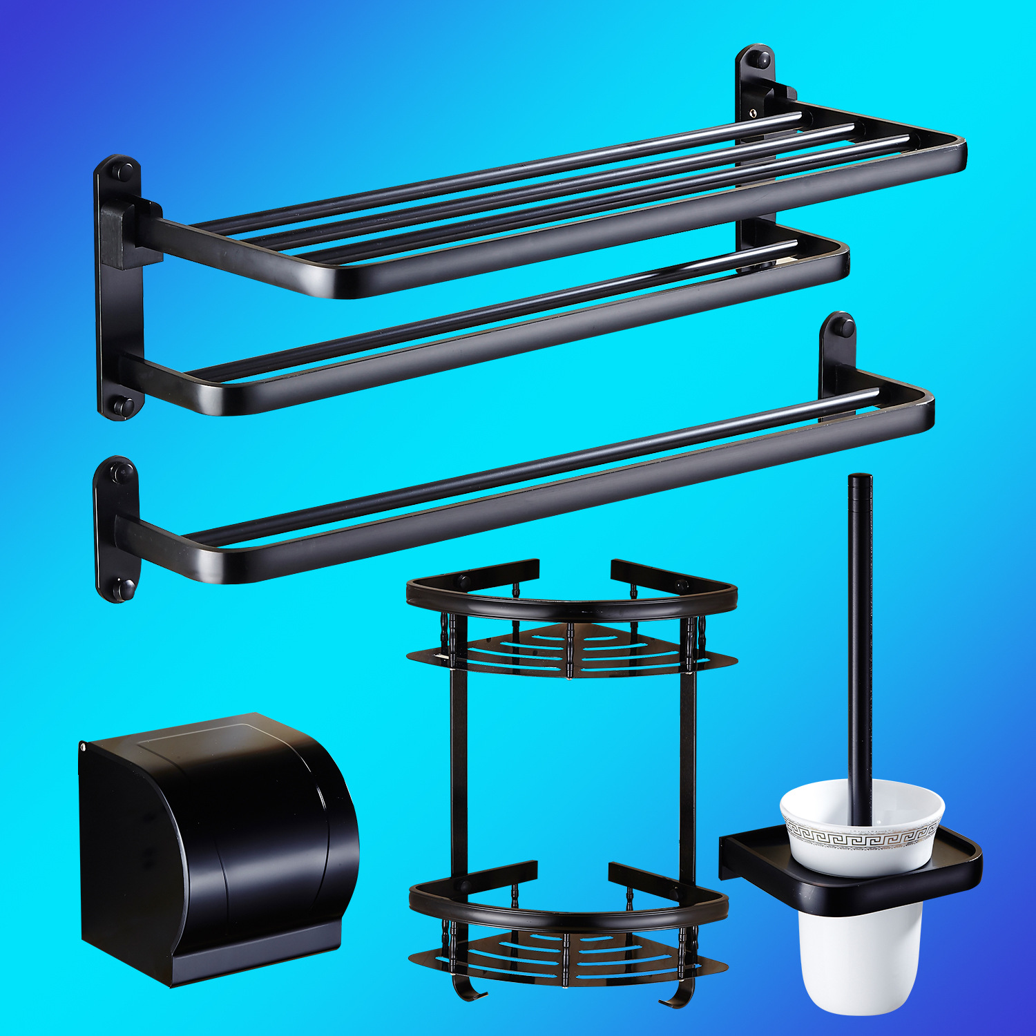 Space Aluminum Punch-free European-style Black Antique Folding Bathroom Rack Towel Rack Hanger Set