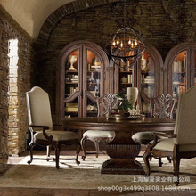 外贸实木餐桌椅组合美式复古雕花圆形餐台家用六人饭桌定制家具