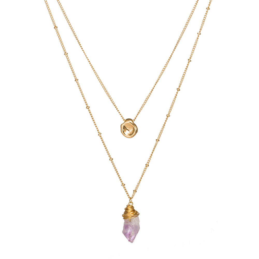 Fashion Gold Tag Light Purple Natural Stone Pendant Multi-layer Alloy Necklace display picture 1