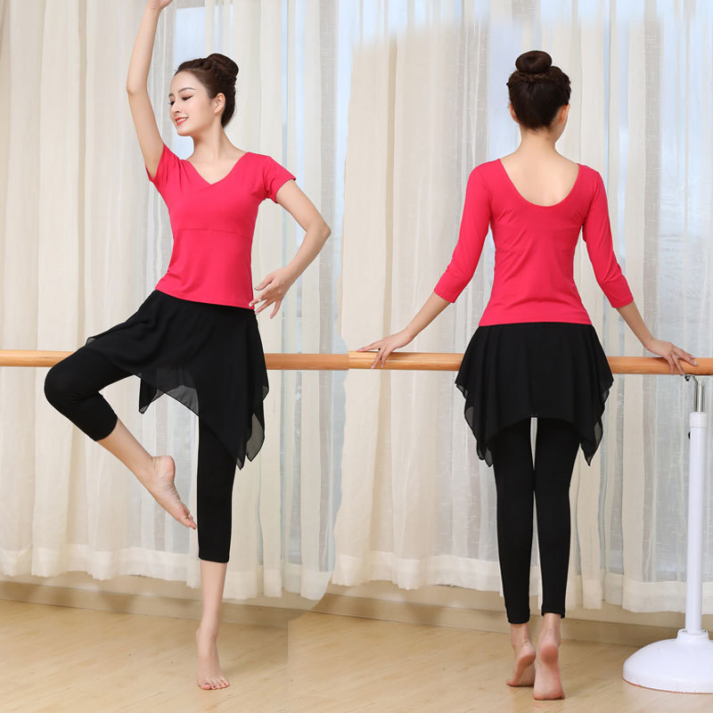 新款女现代拉丁舞性感V领练功服套装 莫代尔雪纺网纱裤裙修身显瘦|ms