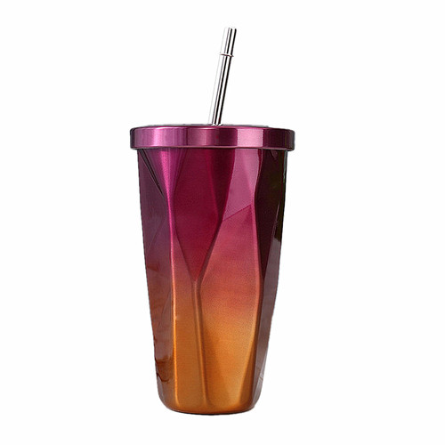 New gradient color cup, diamond-shaped thermos cup, stainless steel double-layer water cup with straw, advertising gift water cup