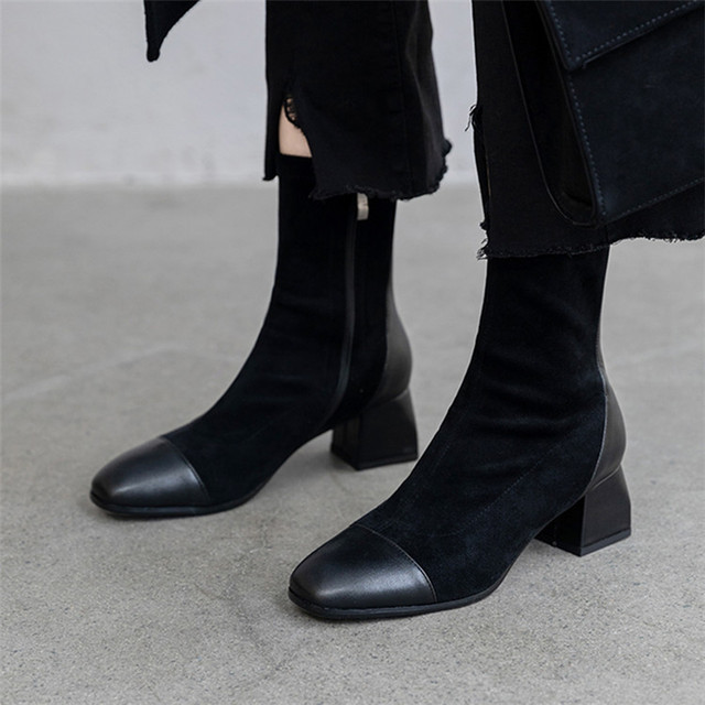 Autumn and winter fashion nude boots square toe women’s side zipper middle high heels elastic suede