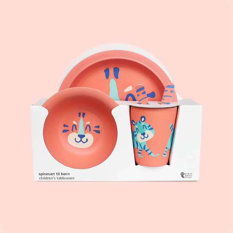 Bamboo fiber children's tableware suit cartoon bowl divided plate spoon Fork Cup five-piece gift tableware in stock