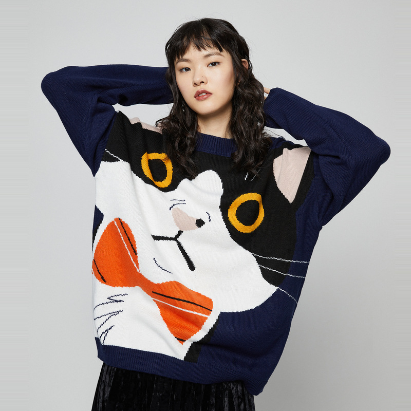 Men's Wool Sweater With Cat Pattern Round Neck Couple Knit Top_voghion.com