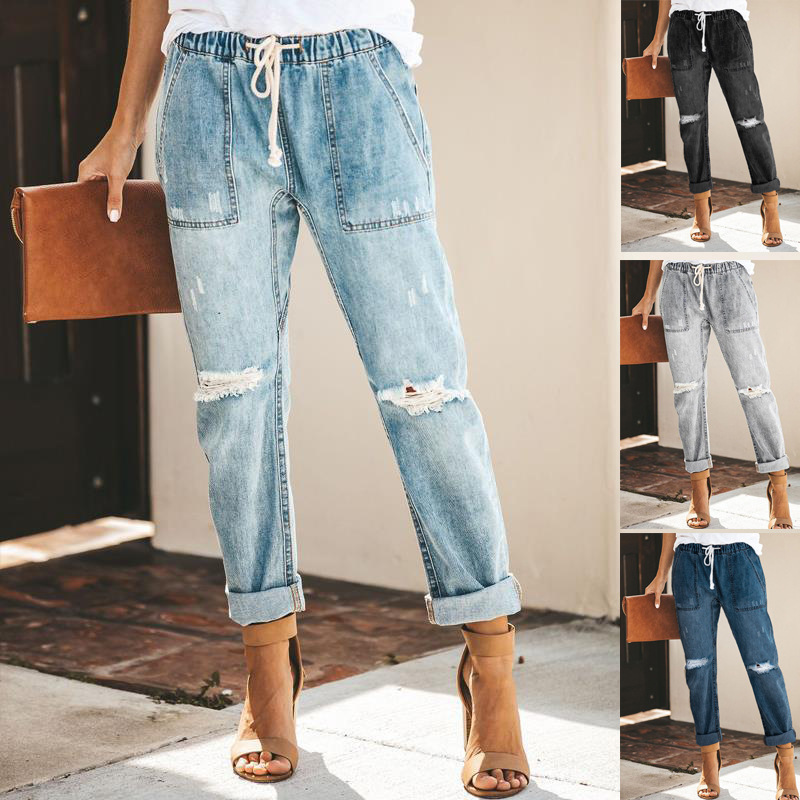 Cross-border European and American jeans 2021 spring and summer casual street hipster washed fashion straight leg pants women ripped jeans