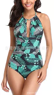 2021新款泳衣欧美泳装女士连体泳衣印花抽摺系绳泳装亚马逊爆款