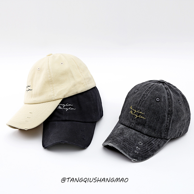新款帽子水洗棉做旧破洞棒球帽双排刺绣字母棒球帽潮款嘻哈鸭舌帽|ms