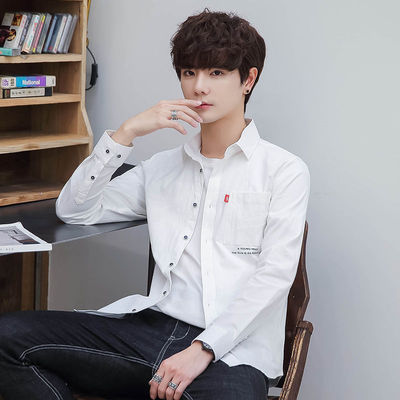 2019 Spring and autumn season man Long sleeve shirt Korean Edition Trend shirt Schoolboy Solid ins leisure time Inch clothes coat