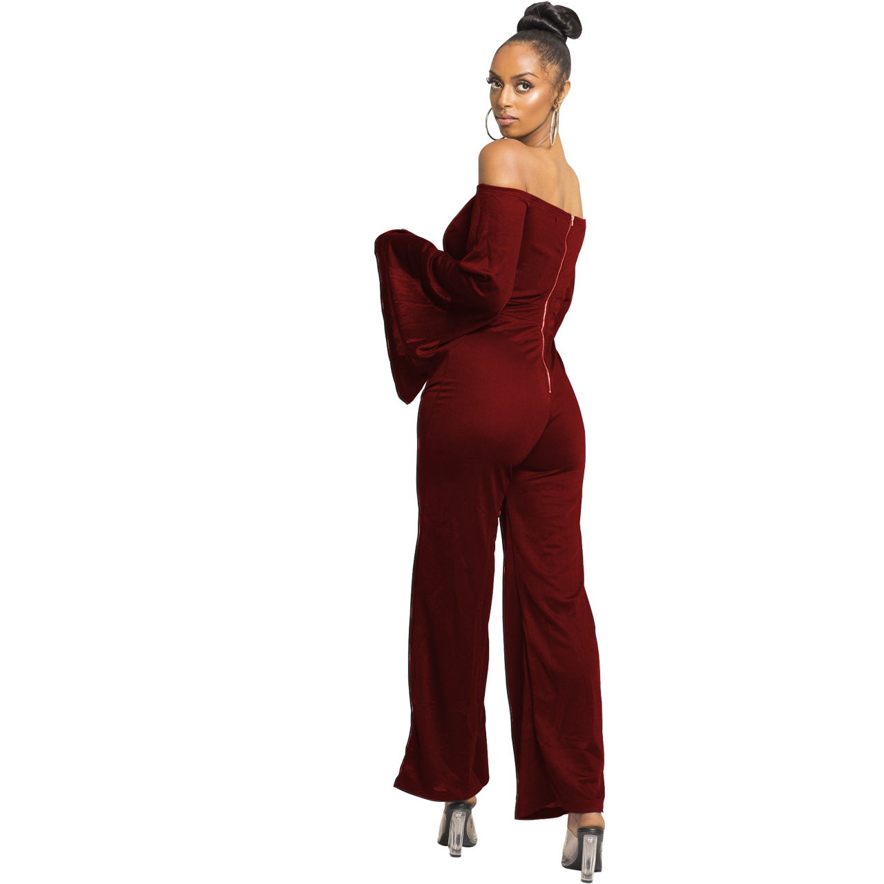 Boutique Casual Solid Color Long Sleeves Cropped off Shoulder Jumpsuit