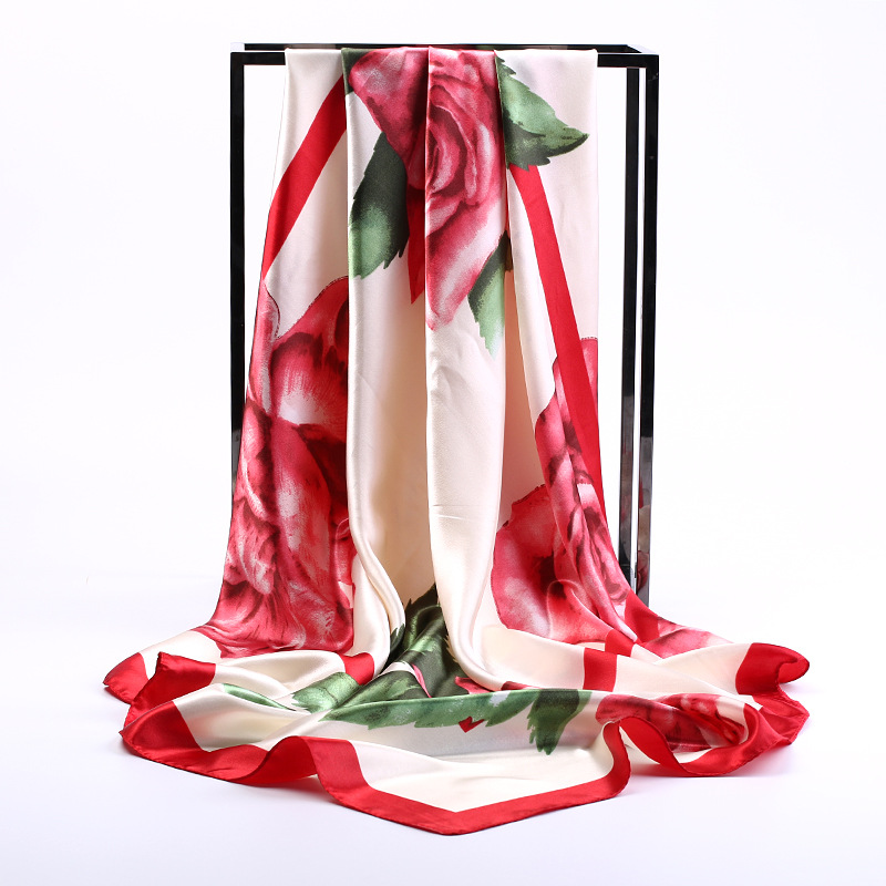 new pattern Silk like Satin 90cm Large square fashion Big flower printing lady Scarf Spring and summer Shawl