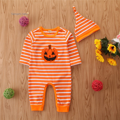 Samgamibaby Brand Fashion Baby Long Sleeve Onesie Halloween Baby Striped Mesh Top Hat