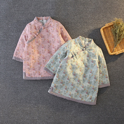 children Chinese style girl baby Cotton clip thickening cheongsam cotton-padded clothes Broken flowers cotton cotton-padded jacket Vintage Style Tang costume Hanfu