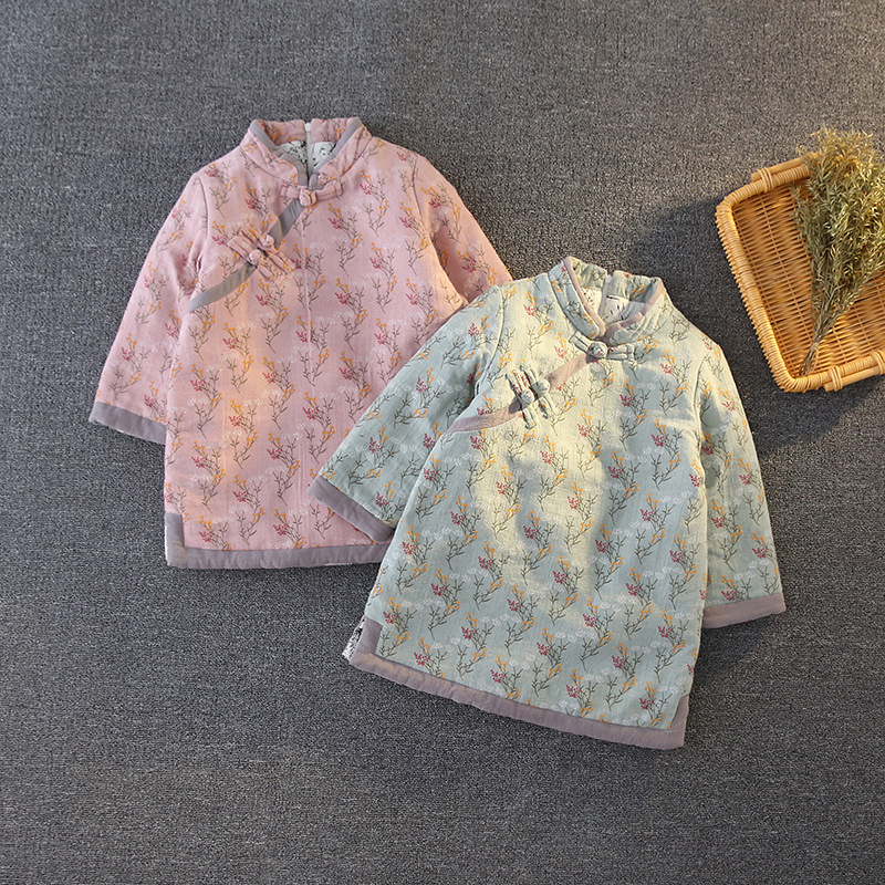 children Chinese style girl baby Cotton clip thickening cheongsam cotton-padded clothes Broken flowers cotton cotton-padded jacket Vintage Style Tang costume Hanfu