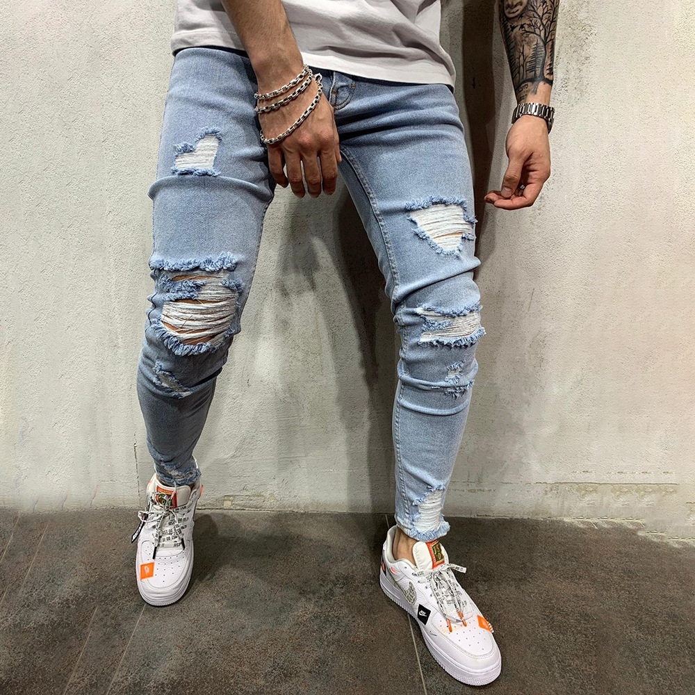 Jean Slim pour hommes, pantalon en Denim déchiré, petits pieds, tendance, grande taille, style européen_voghion.com