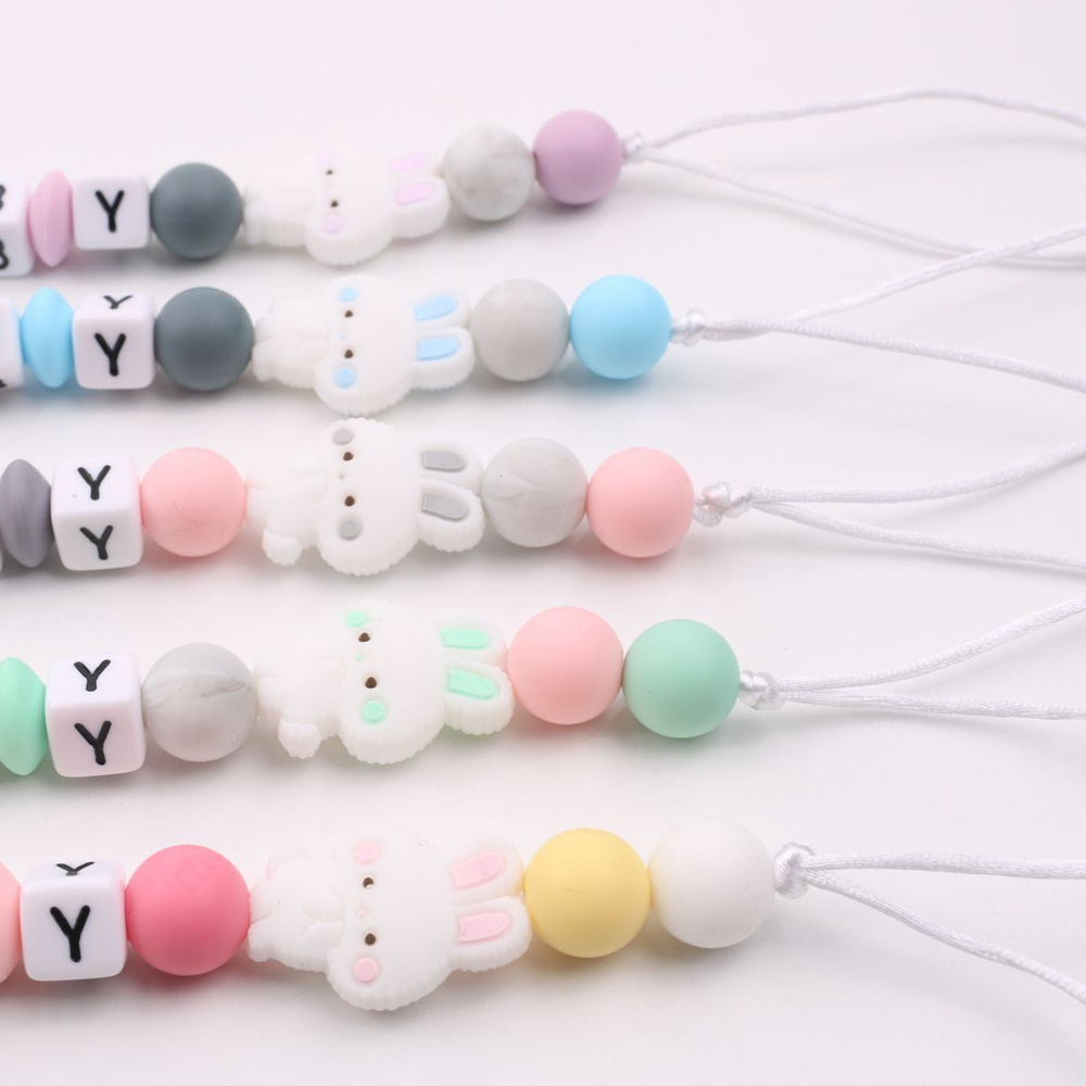 Amazon nueva carta de silicona bebé chupete cadena clip DIY mordedor juguete anti-gota cadena conejito chupete cadena