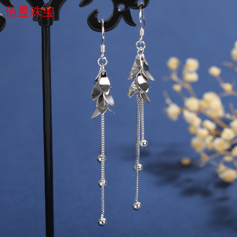 S925純銀耳環女樹葉新款百搭氣質時尚流蘇長款顯瘦耳飾廠家直銷