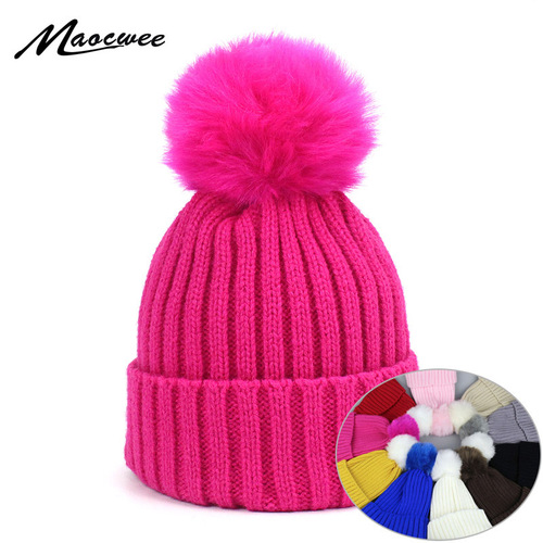 Children's knitted woolen hat, cute warm beanie, fake ball hat, cross-border foreign trade artificial ball hat