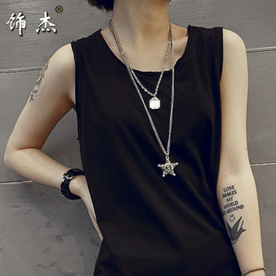 Korean Edition Autumn and winter fashion atmosphere new pattern Retro Five-pointed star sweater chain double-deck Necklace sweater chain gift