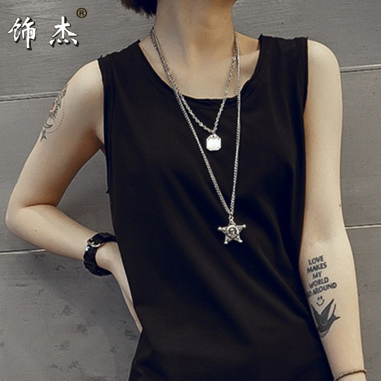 Korean Edition Autumn and winter fashion atmosphere new pattern Retro Five-pointed star sweater chain double-deck Necklace sweater chain gift